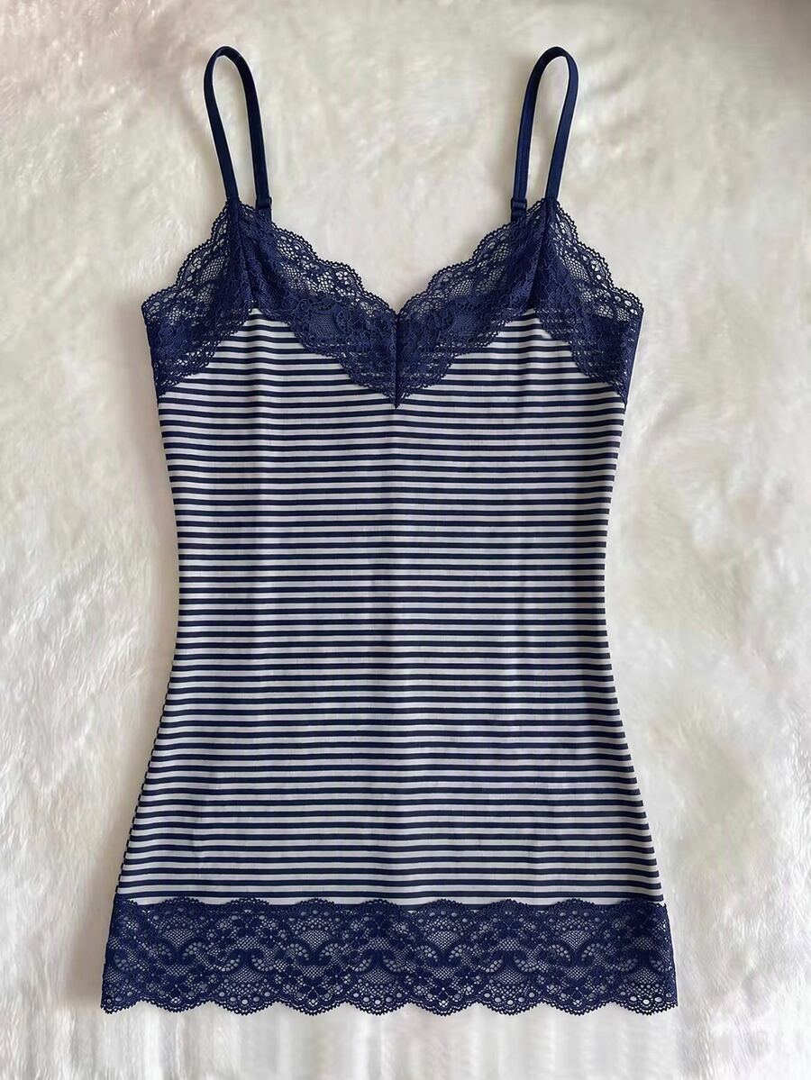 IslaSuriya Women's Fitted Lace Patchwork Striped Camisole Tank Top - Navy Blue - View 1
