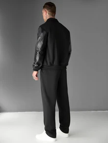 SLATEMANN 男士休閒棒球夾克，翻領設計，毛巾刺繡 - 黑色 - 查看 2