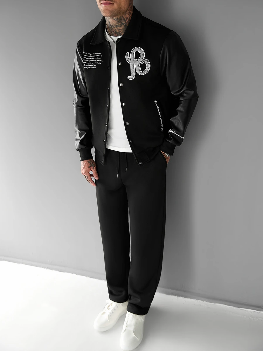 SLATEMANN Men's Casual Baseball Jacket With Turn-Down Collar And Towel Embroidery - Black - View 1
