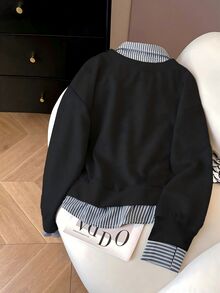 INAWLY Women's Casual Striped Patchwork Sweatshirt, Autumn/Winter - Black - View 2