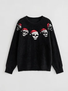 ROMWE Sweater Pullover Mewah Bermotif Tengkorak Klasik Gaya Gothic Natal untuk Wanita Ukuran Plus, Pakaian Jalanan, Gaya Gothic, Natal, dan Pakaian Berbulu - Hitam - View 1