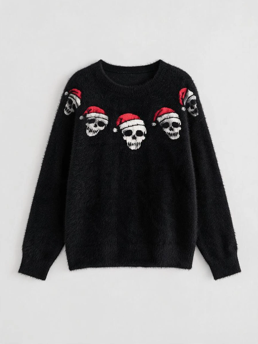 ROMWE Sweater Pullover Mewah Bermotif Tengkorak Klasik Gaya Gothic Natal untuk Wanita Ukuran Plus, Pakaian Jalanan, Gaya Gothic, Natal, dan Pakaian Berbulu - Hitam - View 1