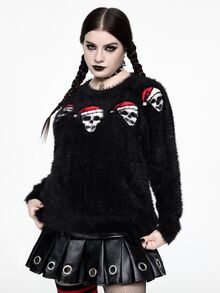 ROMWE Sweater Pullover Mewah Bermotif Tengkorak Klasik Gaya Gothic Natal untuk Wanita Ukuran Plus, Pakaian Jalanan, Gaya Gothic, Natal, dan Pakaian Berbulu - Hitam - View 3
