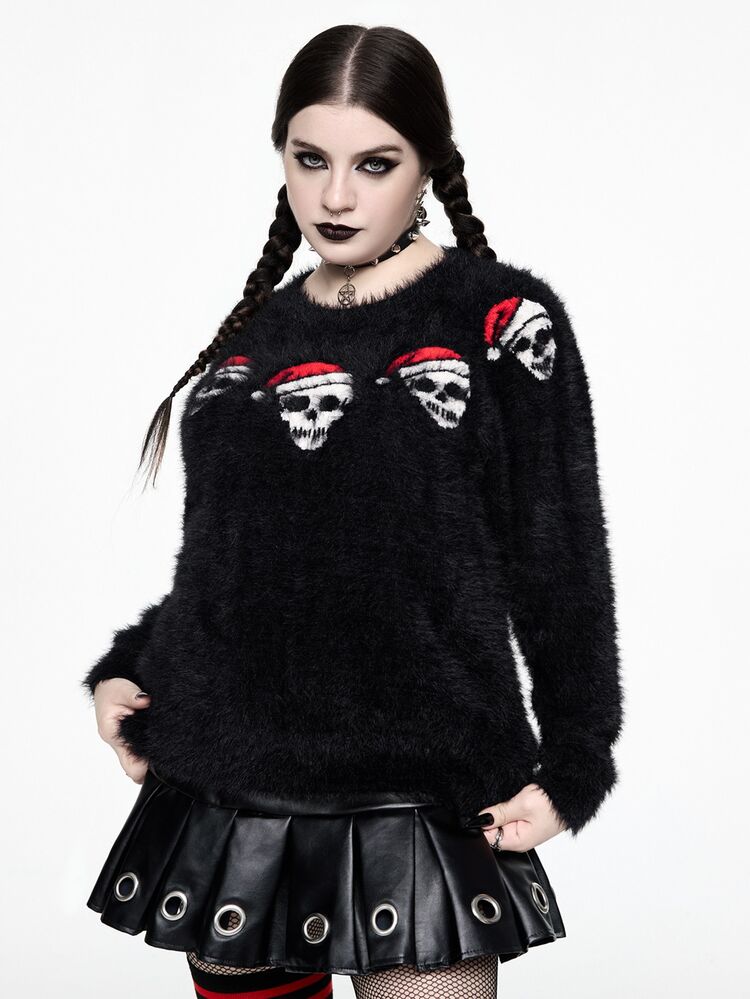 ROMWE Goth 大尺碼女款時尚街頭風哥德式聖誕骷髏經典圖案毛絨套頭毛衣 - 黑色 - 查看 3