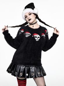 ROMWE Sweater Pullover Mewah Bermotif Tengkorak Klasik Gaya Gothic Natal untuk Wanita Ukuran Plus, Pakaian Jalanan, Gaya Gothic, Natal, dan Pakaian Berbulu - Hitam - View 7