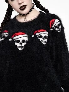 ROMWE Sweater Pullover Mewah Bermotif Tengkorak Klasik Gaya Gothic Natal untuk Wanita Ukuran Plus, Pakaian Jalanan, Gaya Gothic, Natal, dan Pakaian Berbulu - Hitam - View 2