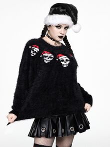ROMWE Sweater Pullover Mewah Bermotif Tengkorak Klasik Gaya Gothic Natal untuk Wanita Ukuran Plus, Pakaian Jalanan, Gaya Gothic, Natal, dan Pakaian Berbulu - Hitam - View 8