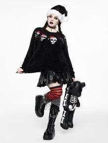 ROMWE Sweater Pullover Mewah Bermotif Tengkorak Klasik Gaya Gothic Natal untuk Wanita Ukuran Plus, Pakaian Jalanan, Gaya Gothic, Natal, dan Pakaian Berbulu - Hitam - View 6