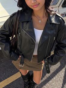 SHEIN 青少年女孩街頭風 PU 金屬拉鍊前開短版黑色仿皮夾克 秋冬款 - 黑色 - 查看 1