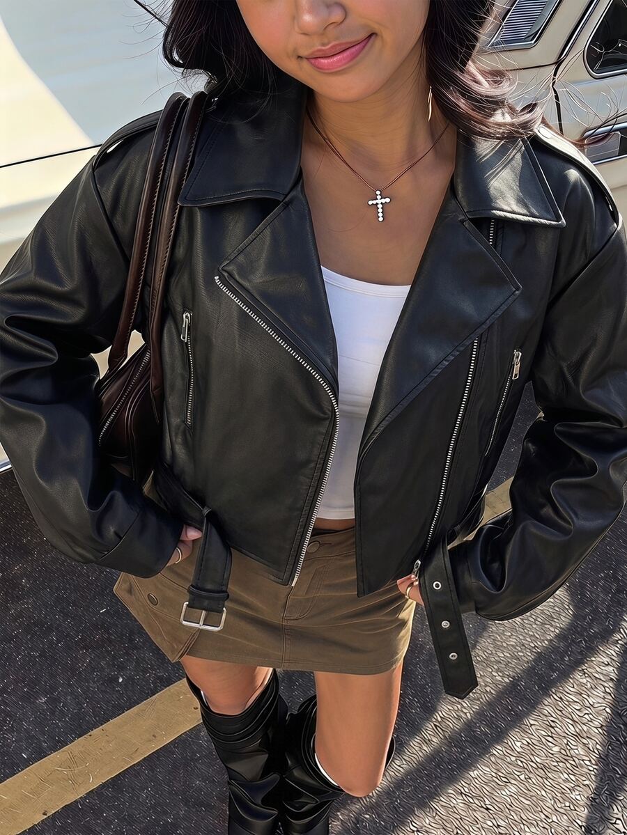SHEIN 青少年女孩街頭風 PU 金屬拉鍊前開短版黑色仿皮夾克 秋冬款 - 黑色 - 查看 1