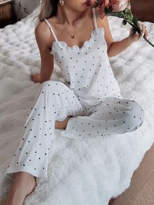 CottageSlumber Women's Cute White Rib-Knit Pajama Set With Black Hearts And Lace Trim Spaghetti Strap Top And Regular Length Bottoms - Black and White - View 4