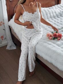 CottageSlumber Women's Cute White Rib-Knit Pajama Set With Black Hearts And Lace Trim Spaghetti Strap Top And Regular Length Bottoms - Black and White - View 5