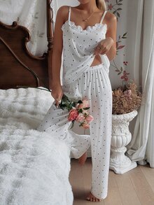 CottageSlumber Women's Cute White Rib-Knit Pajama Set With Black Hearts And Lace Trim Spaghetti Strap Top And Regular Length Bottoms - Black and White - View 3