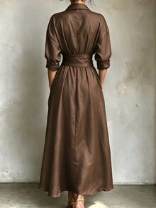 SHEIN 女款簡約優雅休閒襯衫領洋裝，棕色系，適合早午餐、晚餐、茶會，秋季穿搭 - 棕色 - 查看 2