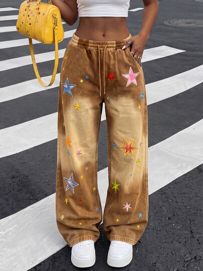 Rovax Pantalones de chándal sueltos con bordado y cintura con cordón para mujer