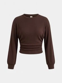 SHEIN Tween Girls Grey Pullover Tween Girl Kids Autumn Sweatshirt, Waist Ruched Loose Casual Versatile School Back To School - Brown - View 3