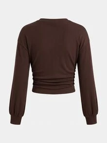 SHEIN Tween Girls Grey Pullover Tween Girl Kids Autumn Sweatshirt, Waist Ruched Loose Casual Versatile School Back To School - Brown - View 2
