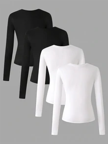 SHEIN 4pcs/Set Teen Girls Crew Neck Knit All-Match Long Sleeve Casual Minimalist T-Shirts - Multicolor - View 2