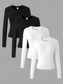 SHEIN 4pcs/Set Teen Girls Crew Neck Knit All-Match Long Sleeve Casual Minimalist T-Shirts - Multicolor - View 1
