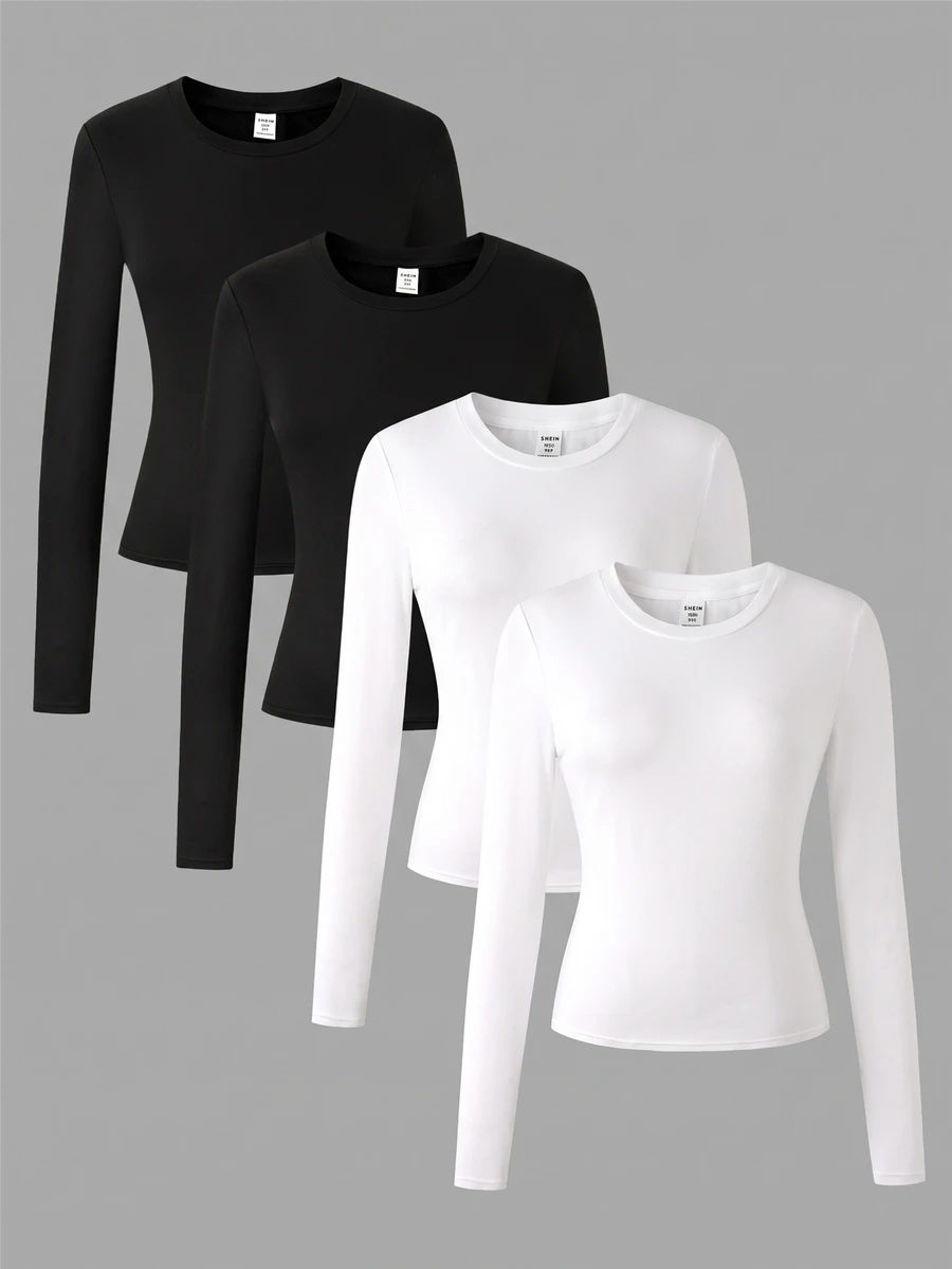 SHEIN 4pcs/Set Teen Girls Crew Neck Knit All-Match Long Sleeve Casual Minimalist T-Shirts - Multicolor - View 1