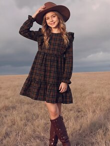 SHEIN Tween Girl Twins Girl Kids Plaid Loose Cute Casual Plaid Pattern Ruffle Trim Flounce - Multicolor - View 1