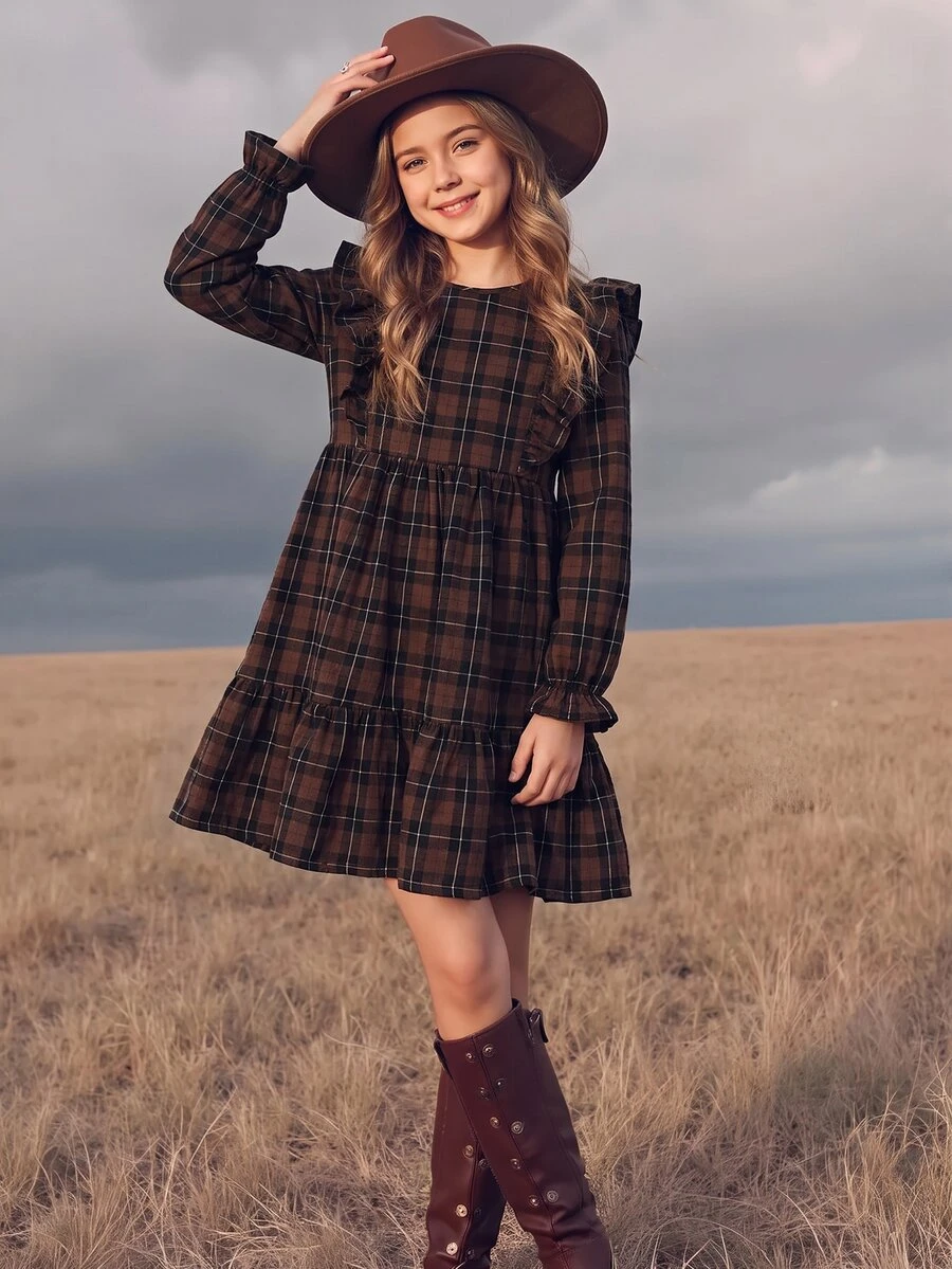 SHEIN Tween Girl Twins Girl Kids Plaid Loose Cute Casual Plaid Pattern Ruffle Trim Flounce - Multicolor - View 1