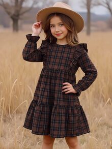 SHEIN Tween Girl Twins Girl Kids Plaid Loose Cute Casual Plaid Pattern Ruffle Trim Flounce - Multicolor - View 8