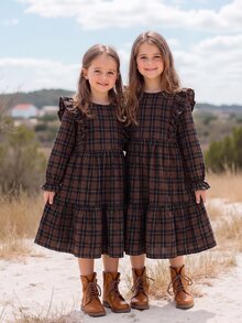 SHEIN Tween Girl Twins Girl Kids Plaid Loose Cute Casual Plaid Pattern Ruffle Trim Flounce - Multicolor - View 9