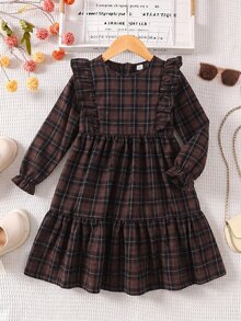 SHEIN Tween Girl Twins Girl Kids Plaid Loose Cute Casual Plaid Pattern Ruffle Trim Flounce - Multicolor - View 2