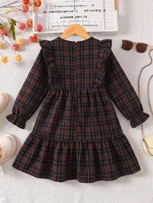 SHEIN Tween Girl Twins Girl Kids Plaid Loose Cute Casual Plaid Pattern Ruffle Trim Flounce - Multicolor - View 6