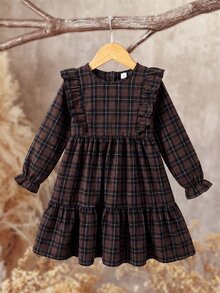 SHEIN Tween Girl Twins Girl Kids Plaid Loose Cute Casual Plaid Pattern Ruffle Trim Flounce - Multicolor - View 7