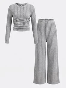 SHEIN Tween Girls Versatile Bow Pattern Long Sleeve & Long Pants 2 Pieces Set, Light Gray - Grey - View 11