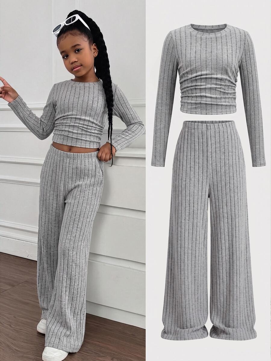 SHEIN Tween Girls Versatile Bow Pattern Long Sleeve & Long Pants 2 Pieces Set, Light Gray - Grey - View 1