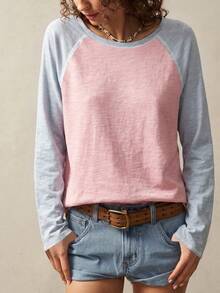 SHEIN LUNE 女款基礎秋季條紋長袖圓領休閒上衣 T-shirt，適合日常街頭穿搭 - 彩色 - 查看 3