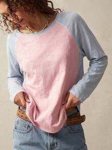SHEIN LUNE 女款基礎秋季條紋長袖圓領休閒上衣 T-shirt，適合日常街頭穿搭 - 彩色 - 查看 4