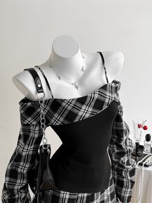 Elamini 女款新款復古辣妹修身顯瘦優雅高級百搭抹胸拼接舒適街頭風套裝 - 黑色 - 查看 4