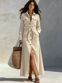 SHEIN Holidaya 純色鈕扣設計附腰帶翻領長袖休閒日常外出優雅女裝洋裝 - 杏色 - 查看 4