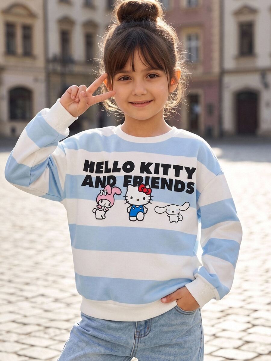 HELLO KITTY AND FRIENDS | SHEIN Áo nỉ len dệt kim dáng rộng cổ tròn chui đầu họa tiết sọc in, phong cách thường ngày thoải mái cho bé gái tuổi teen - Màu xanh lam - Xem 1