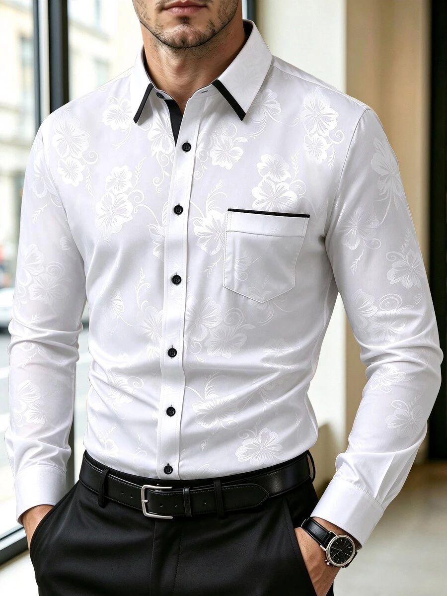 Manfinity Mode Men's Fashion Floral Print Single-Breasted Long Sleeve Shirt, Formal, Old Money - White - View 1