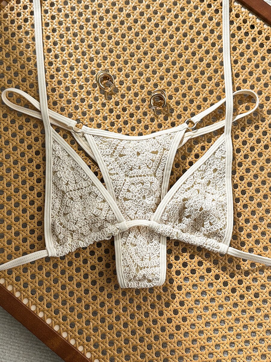 SHEIN Swim 纯色针织比基尼套装，适合海滩度假 - 米色 - 查看 1