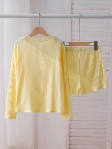 SHEIN Reset Phase 女孩（大童）休閒可愛百搭日常穿著度假季轉季套裝 開襟外套 秋季居家度假裝 奶油黃 - 黃色 - 查看 3