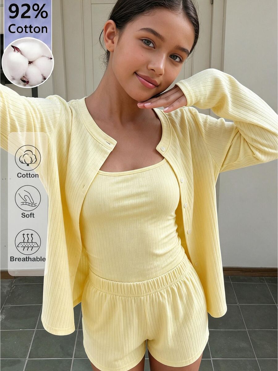 SHEIN Reset Phase 女孩(大童)休閒可愛百搭日常穿著度假季轉季套裝 開襟外套 秋季居家度假裝 奶油黃 - 黃色 - 查看 1
