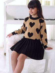 Tween Girl Sweater And Kids Solid Black Pleated Autumn Skirt 2 Pcs Set, Back To School, Warm For Tween Girl - Apricot - View 1