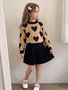 Tween Girl Sweater And Kids Solid Black Pleated Autumn Skirt 2 Pcs Set, Back To School, Warm For Tween Girl - Apricot - View 2