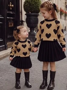 Tween Girl Sweater And Kids Solid Black Pleated Autumn Skirt 2 Pcs Set, Back To School, Warm For Tween Girl - Apricot - View 4