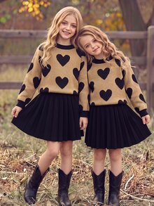 Tween Girl Sweater And Kids Solid Black Pleated Autumn Skirt 2 Pcs Set, Back To School, Warm For Tween Girl - Apricot - View 3