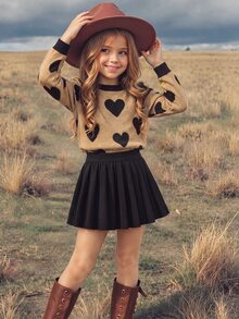 Tween Girl Sweater And Kids Solid Black Pleated Autumn Skirt 2 Pcs Set, Back To School, Warm For Tween Girl - Apricot - View 5