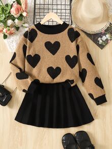 Tween Girl Sweater And Kids Solid Black Pleated Autumn Skirt 2 Pcs Set, Back To School, Warm For Tween Girl - Apricot - View 15
