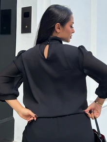 NegzBox European & American French Street Style Pullover High Neck Elegant Cuff Chiffon Blouse - Black - View 2