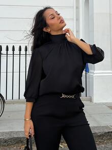 NegzBox European & American French Street Style Pullover High Neck Elegant Cuff Chiffon Blouse - Black - View 3